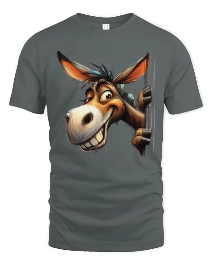 Funny Smiling Donkey Graphic T Shirt Cartoon Style - gray t-shirt on white background