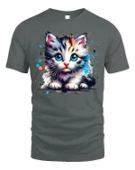 Cute Blue Eyed Kitten Graphic T Shirt Art - gray t-shirt on white background