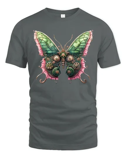 Steampunk Butterfly Gear Art Graphic T Shirt - gray t-shirt on white background
