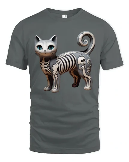 Cute Skeleton Cat Cartoon Graphic T Shirt Design - gray t-shirt on white background