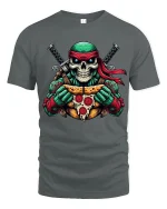 Funny Skull Ninja Turtle Pizza Graphic T Shirt - gray t-shirt on white background