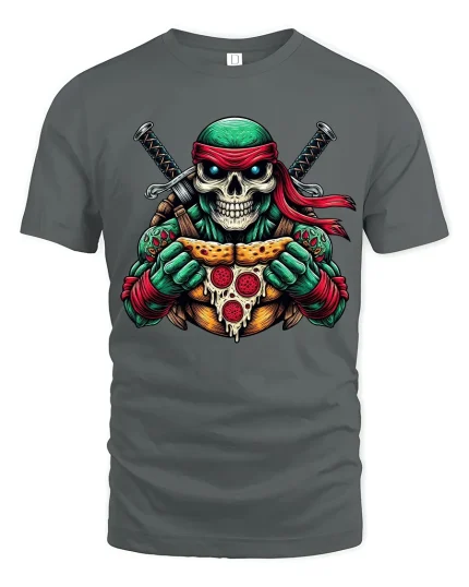 Funny Skull Ninja Turtle Pizza Graphic T Shirt - gray t-shirt on white background