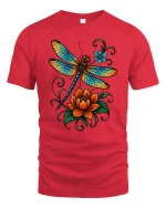Vibrant Dragonfly Floral Art T Shirt Nature Bloom - red t-shirt on white background
