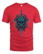 Dark Skull Sword and Axes Graphic T Shirt Art - red t-shirt on white background
