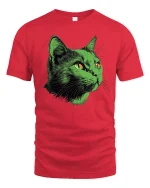 Neon Green Cat Face Graphic T Shirt Art - red t-shirt on white background