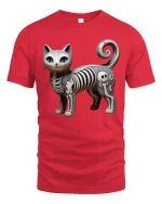Cute Skeleton Cat Cartoon Graphic T Shirt Design - red t-shirt on white background