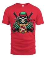 Funny Skull Ninja Turtle Pizza Graphic T Shirt - red t-shirt on white background