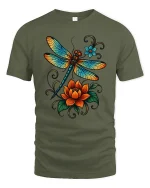 Vibrant Dragonfly Floral Art T Shirt Nature Bloom - military green t-shirt on white background