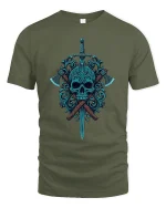 Dark Skull Sword and Axes Graphic T Shirt Art - military green t-shirt on white background
