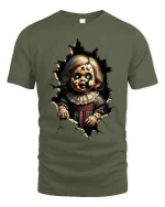 Creepy Cracked Doll Horror Graphic T Shirt Art - military green t-shirt on white background