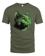 Neon Green Cat Face Graphic T Shirt Art - military green t-shirt on white background