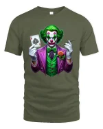 Evil Clown Playing Card Graphic T Shirt Art - military green t-shirt on white background