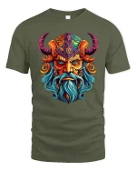 Colorful Viking Warrior Face Graphic T Shirt - military green t-shirt on white background