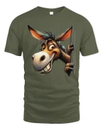 Funny Smiling Donkey Graphic T Shirt Cartoon Style - military green t-shirt on white background