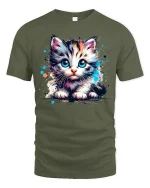 Cute Blue Eyed Kitten Graphic T Shirt Art - military green t-shirt on white background