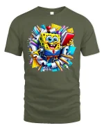 Funny School Sponge Cartoon Graphic T Shirt - military green t-shirt on white background