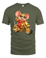 Cool Biker Mouse Cartoon Graphic T Shirt Design - military green t-shirt on white background