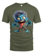 Funny Crazy Blue Monster Cartoon Graphic T Shirt - military green t-shirt on white background