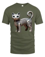 Cute Skeleton Cat Cartoon Graphic T Shirt Design - military green t-shirt on white background