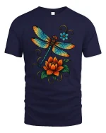 Vibrant Dragonfly Floral Art T Shirt Nature Bloom - navy t-shirt on white background