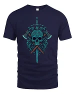 Dark Skull Sword and Axes Graphic T Shirt Art - navy t-shirt on white background