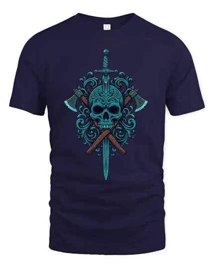 Dark Skull Sword and Axes Graphic T Shirt Art - navy t-shirt on white background