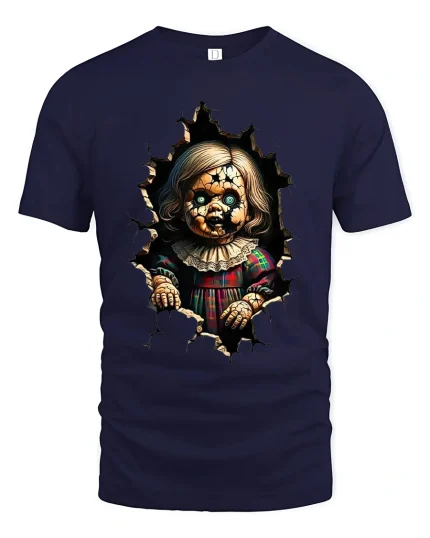 Creepy Cracked Doll Horror Graphic T Shirt Art - navy t-shirt on white background