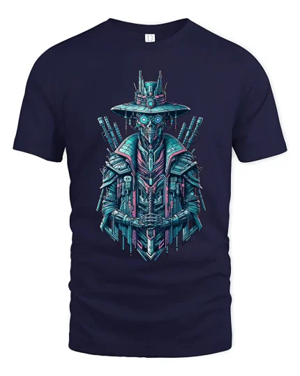 Cyberpunk Samurai Robot Graphic T Shirt Art - navy t-shirt on white background