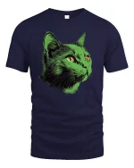 Neon Green Cat Face Graphic T Shirt Art - navy t-shirt on white background