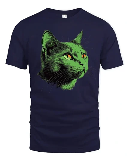 Neon Green Cat Face Graphic T Shirt Art - navy t-shirt on white background