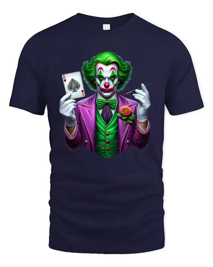 Evil Clown Playing Card Graphic T Shirt Art - navy t-shirt on white background