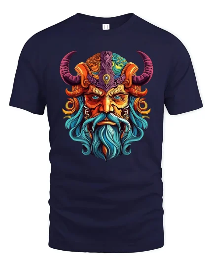 Colorful Viking Warrior Face Graphic T Shirt - navy t-shirt on white background