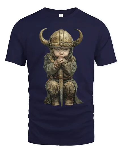 Cute Baby Viking Warrior Graphic T Shirt Art - navy t-shirt on white background