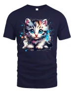 Cute Blue Eyed Kitten Graphic T Shirt Art - navy t-shirt on white background