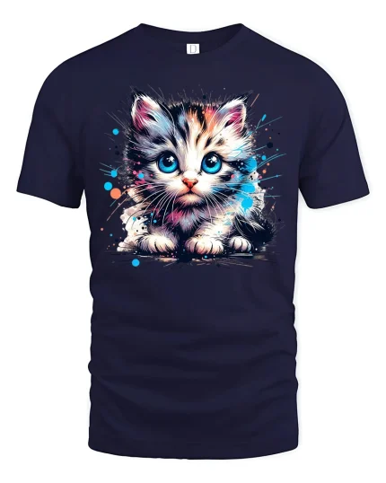 Cute Blue Eyed Kitten Graphic T Shirt Art - navy t-shirt on white background