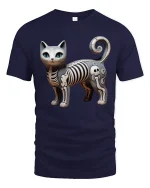 Cute Skeleton Cat Cartoon Graphic T Shirt Design - navy t-shirt on white background