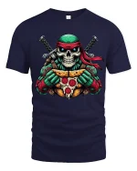 Funny Skull Ninja Turtle Pizza Graphic T Shirt - navy t-shirt on white background
