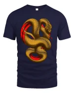 Golden Coiled Snake Graphic T Shirt Bold Art - navy t-shirt on white background