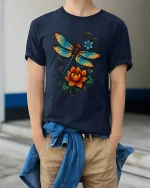 Vibrant Dragonfly Floral Art T Shirt Nature Bloom - model wearing navy tee with hands in pockets