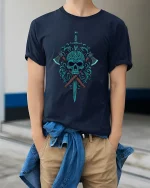 Dark Skull Sword and Axes Graphic T Shirt Art - model wearing navy tee with hands in pockets