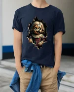 Creepy Cracked Doll Horror Graphic T Shirt Art - model wearing navy tee with hands in pockets
