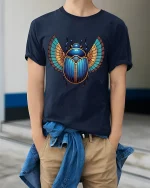 Egyptian Scarab Beetle Graphic T Shirt Art - model wearing navy tee with hands in pockets