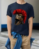 Roman Gladiator Helmet Graphic T Shirt Art - model wearing navy tee with hands in pockets