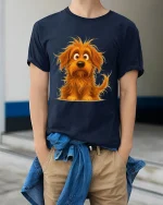 Cute Shaggy Puppy Cartoon Graphic T Shirt - model wearing navy tee with hands in pockets