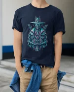 Cyberpunk Samurai Robot Graphic T Shirt Art - model wearing navy tee with hands in pockets