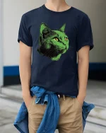 Neon Green Cat Face Graphic T Shirt Art - model wearing navy tee with hands in pockets