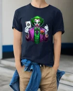 Evil Clown Playing Card Graphic T Shirt Art - model wearing navy tee with hands in pockets