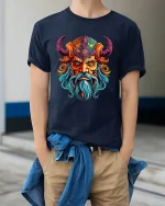 Colorful Viking Warrior Face Graphic T Shirt - model wearing navy tee with hands in pockets