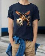 Funny Smiling Donkey Graphic T Shirt Cartoon Style - model wearing navy tee with hands in pockets