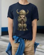 Cute Baby Viking Warrior Graphic T Shirt Art - model wearing navy tee with hands in pockets